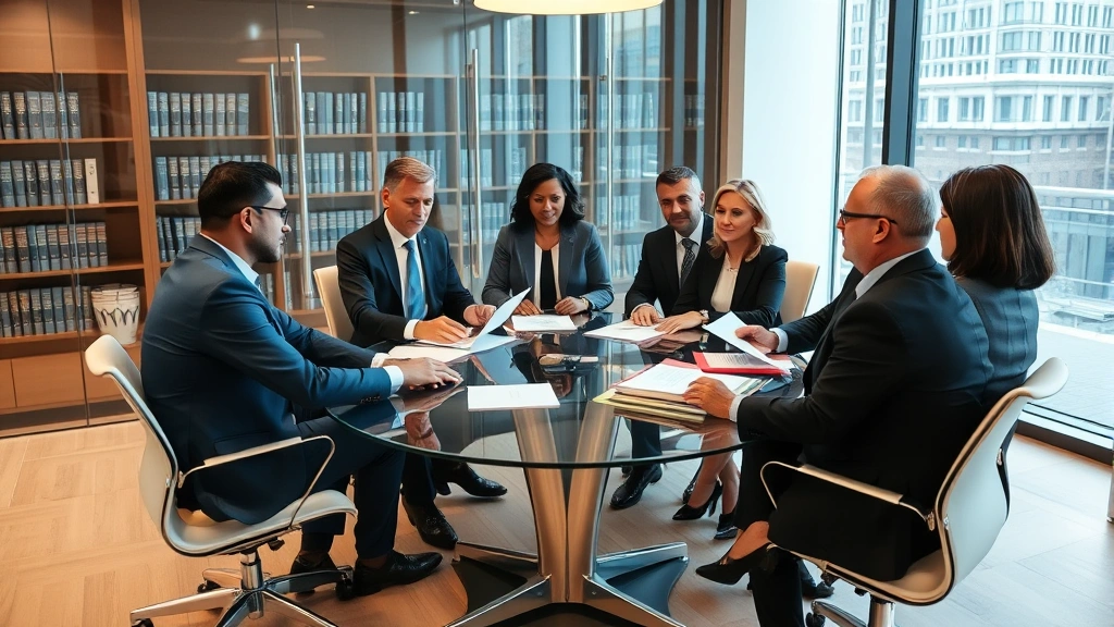 Diverse group of lawyers in a modern law office conference room discussing case files, seated around a glass table with legal briefs, professional attire, collaborative atmosphere