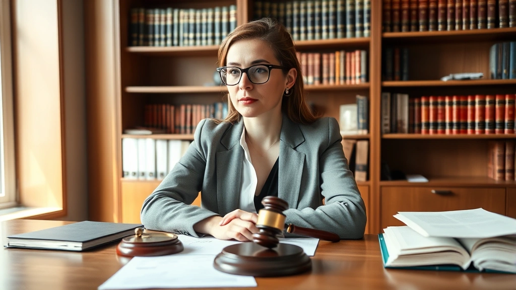 Female attorney in glasses at wooden desk with law books, gavel, and legal papers, professional office setting with bookshelves, thoughtful expression, natural daylight