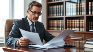Professional lawyer in business suit reviewing legal documents at mahogany desk with law books in background, serious focused expression, modern law office setting with natural light from windows