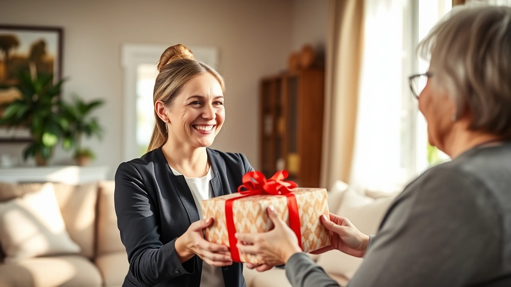 Professional woman receiving wrapped gift box from older woman in bright living room, warm natural lighting, genuine smiling expressions, modern home setting with neutral decor