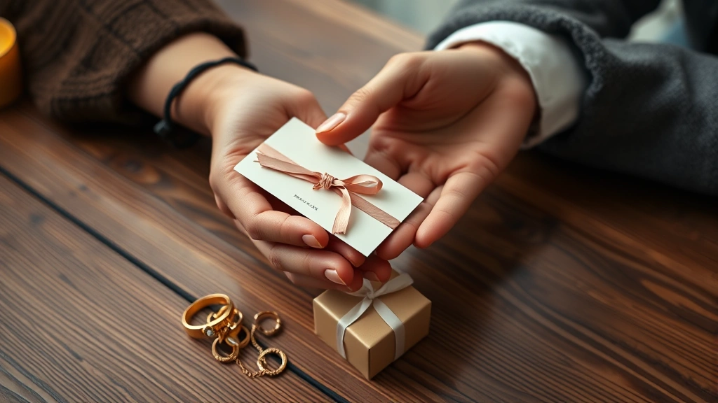 Close-up of hands exchanging gold jewelry and gift card on wooden table, soft warm lighting, elegant presentation, no text visible on items