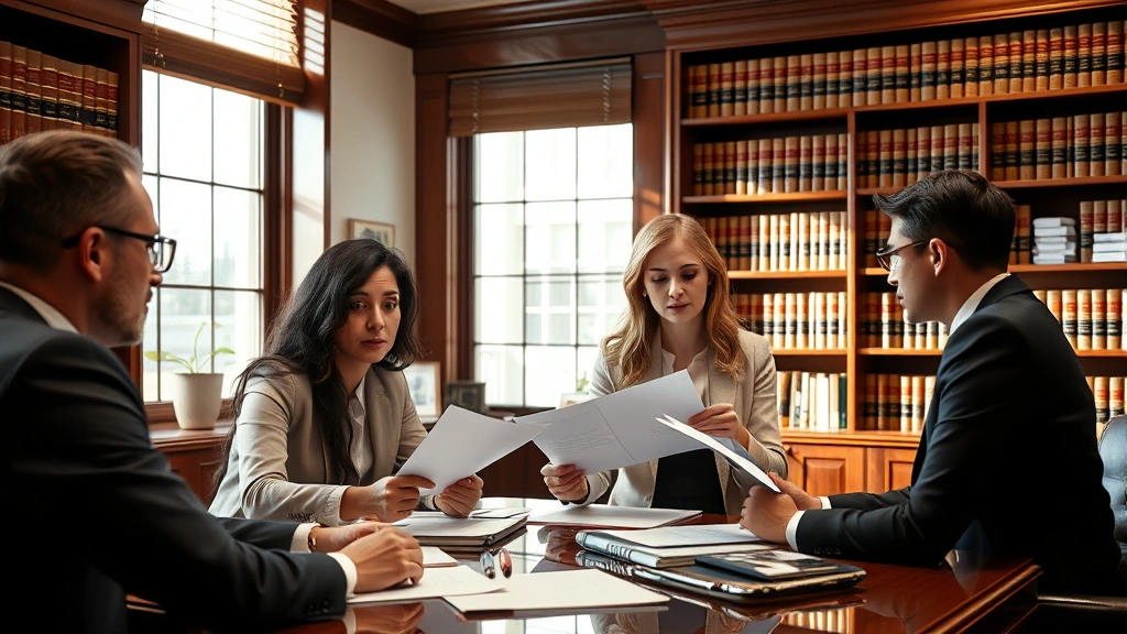 Female attorney in office reviewing documents with clients across desk, law books visible on shelves, professional business attire, focused serious expressions, daylight from window