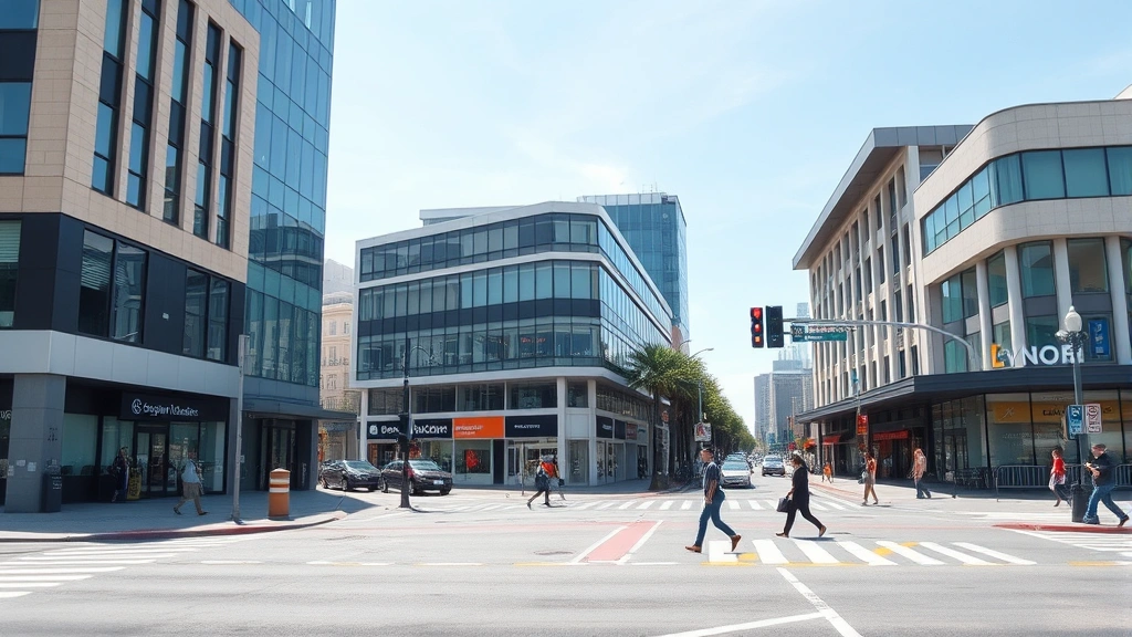 Commercial intersection in urban downtown with clear street visibility, modern buildings aligned with proper street setbacks, pedestrians crossing safely, professional daytime photography