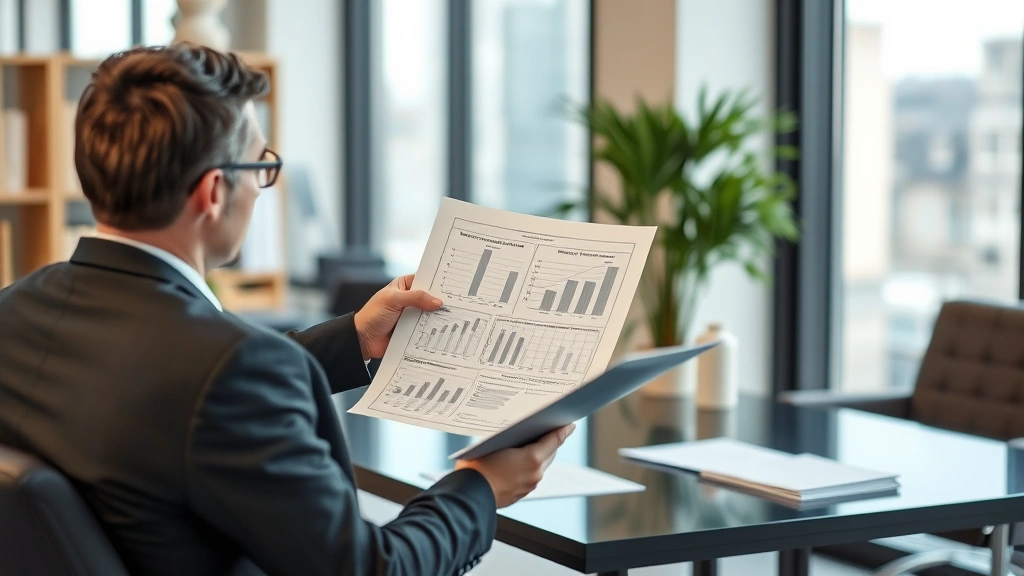 Property appraiser or real estate professional in business attire reviewing property valuation documents and comparable sales analysis in a modern office, showing professional legal consultation work