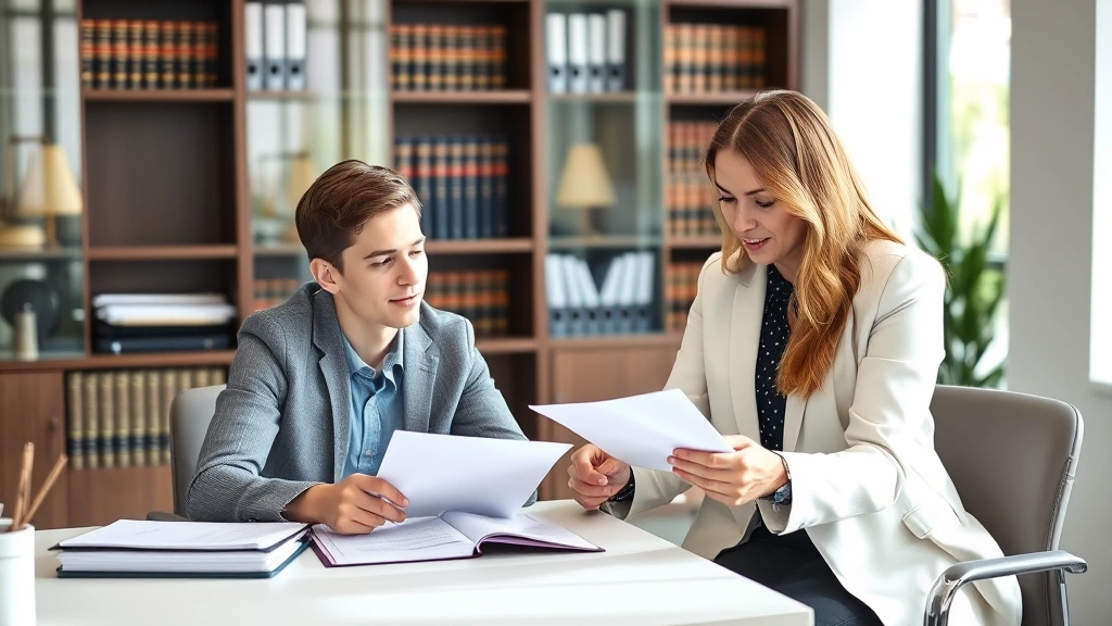 Professional legal consultation scene: young person sitting with attorney in modern office, reviewing documents together, natural lighting, focused discussion, law books on shelves behind, formal but supportive atmosphere