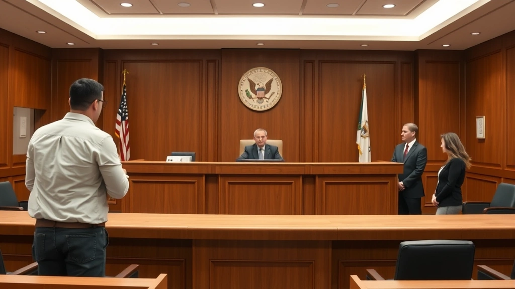 Courtroom setting showing judge at bench with court staff present, professional legal environment, formal architecture with wood paneling, neutral expression, representing judicial authority and legal proceedings
