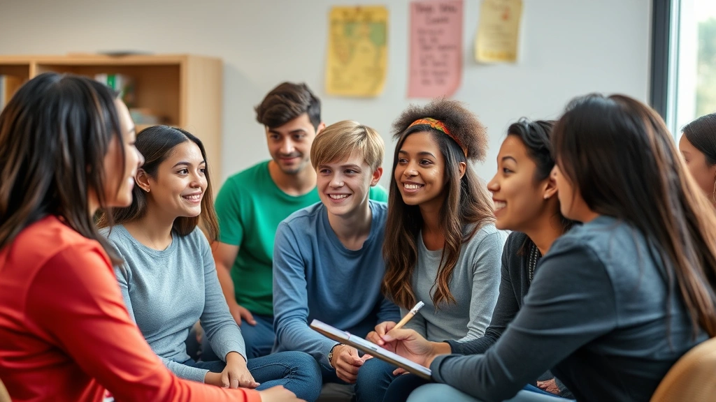 Diverse group of young people in educational or counseling setting, engaged in learning activity, professional counselor or educator present, hopeful and constructive atmosphere, representing rehabilitation and growth