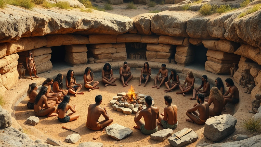 Ancient tribal gathering in natural amphitheater, diverse prehistoric humans seated in circle discussing rules and justice, stone tools and fire visible, earthy natural lighting, photorealistic, professional anthropological documentation style
