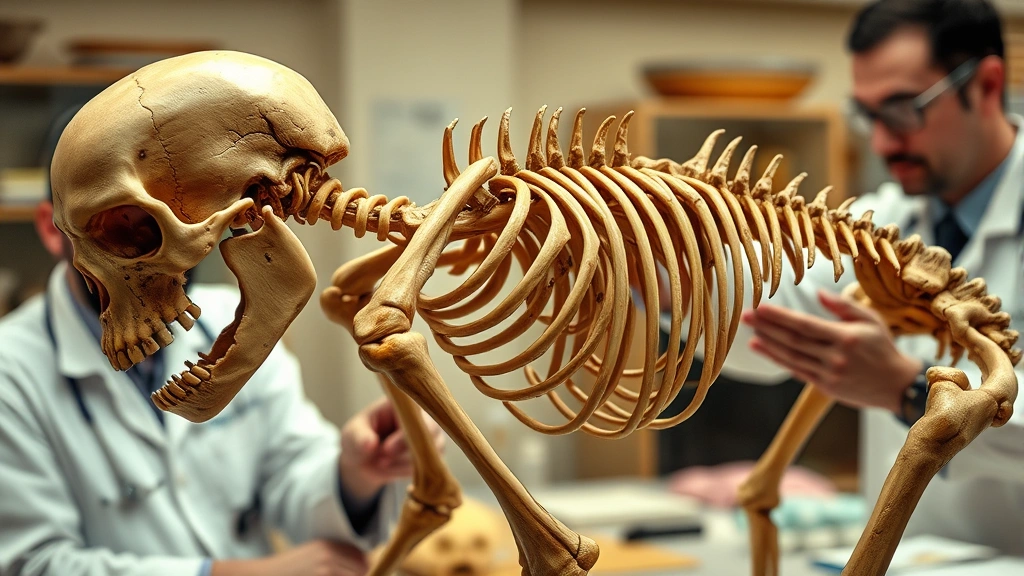 Forensic reconstruction of prehistoric skeleton showing healed injuries from punishment, laboratory setting with anthropologist examining bones, scientific documentation aesthetic, professional medical illustration quality, natural museum lighting