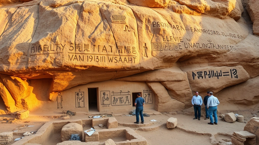 Carved stone monuments and early written symbols on rock face, archaeological dig site with researchers documenting ancient legal inscriptions, transition from oral to written law visualization, professional excavation setting, golden hour lighting