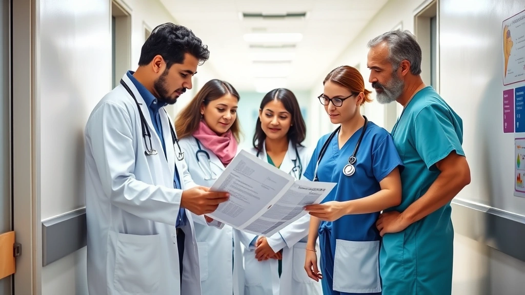 Multilingual healthcare team of doctors and nurses from different backgrounds collaborating over patient chart in bright hospital corridor, diverse group showing inclusive medical practice, professional attire