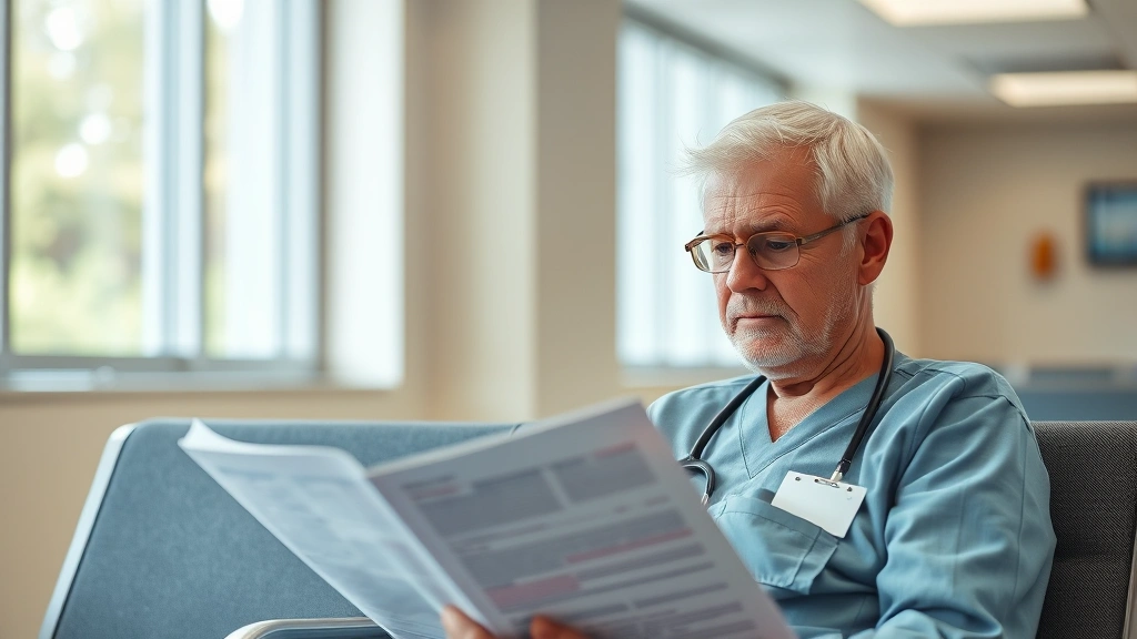 Patient sitting in hospital waiting area reviewing medical documents with concerned expression, suggesting language comprehension challenges, natural lighting from windows, realistic healthcare environment without visible text