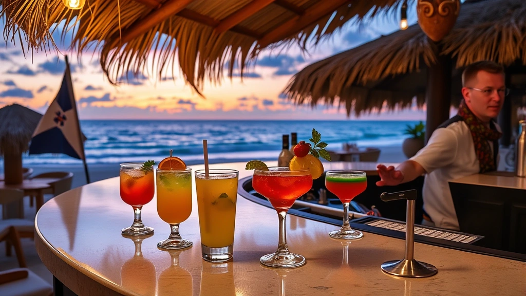 Tropical beachfront rum bar setting with colorful cocktails on counter, Dominican flag visible, professional bartender in background, sunset ocean view, no people drinking visible