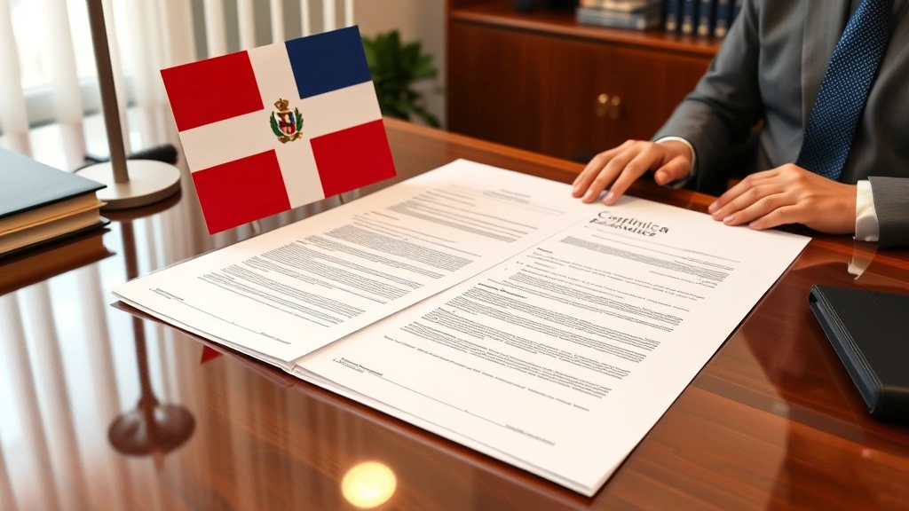 Legal compliance document or registration materials spread on desk with Dominican flag, professional office environment, attorney or business owner reviewing papers, serious business context