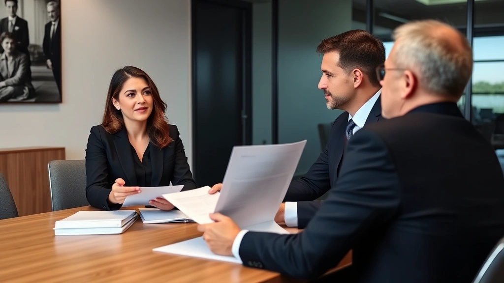 Female lawyer in business attire presenting case strategy at conference table with male colleague reviewing documents, neutral professional office environment, collaborative discussion atmosphere