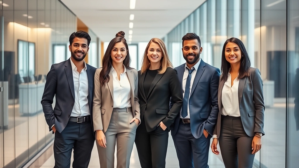 Diverse team of three attorneys in business casual attire standing together in modern law office corridor with glass walls and contemporary architecture, professional confidence