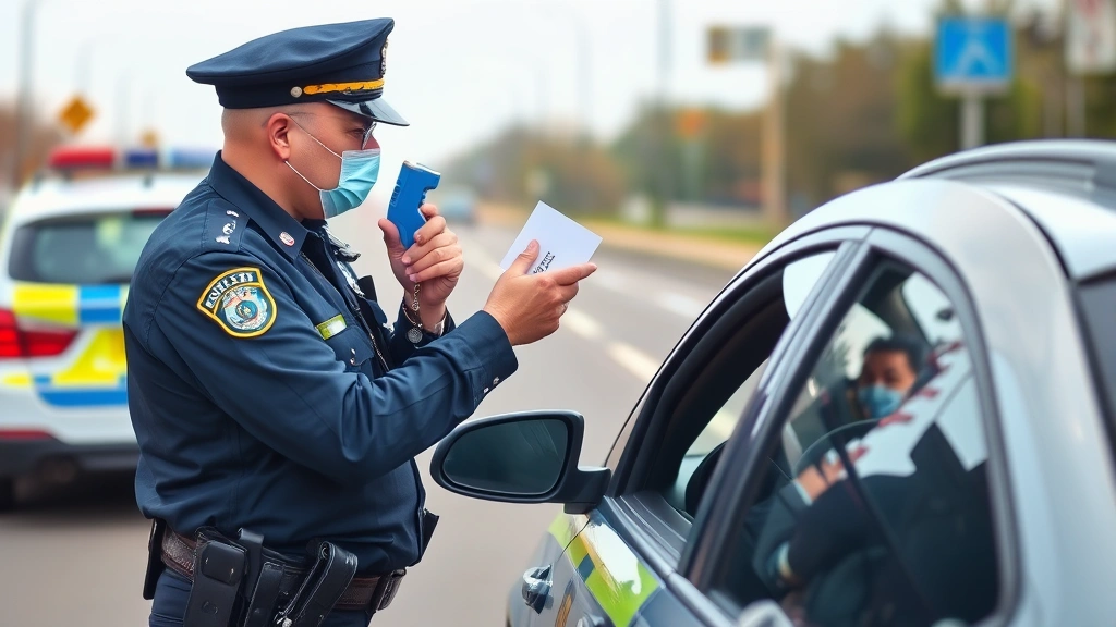 Traffic police officer conducting roadside breathalyzer test with driver, modern police vehicle visible, daytime outdoor setting, professional law enforcement environment, no visible signage