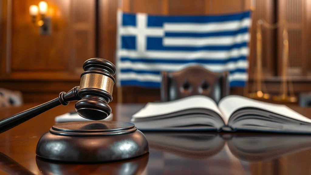 Judge's gavel on desk with Greek flag in background, law books and legal documents on mahogany desk, professional courtroom lighting, serious judicial atmosphere