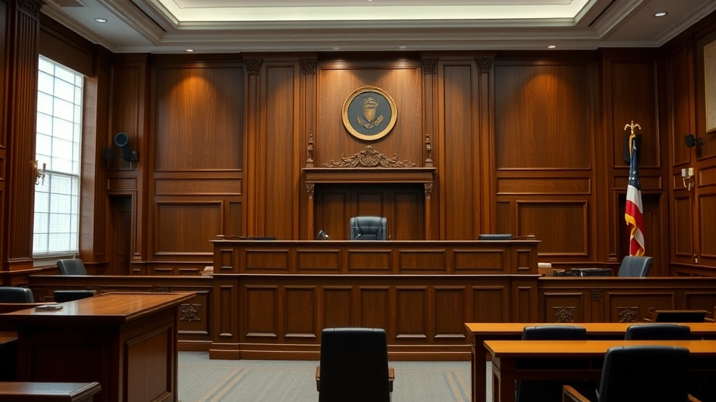 Serious courtroom interior with judge's bench and empty jury box, professional legal setting, formal wooden furniture, soft neutral lighting, no people visible