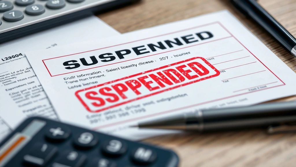 Close-up of suspended driver's license with red stamp, legal paperwork, pen, and calculator on desk surface, professional lighting, detailed but no readable text