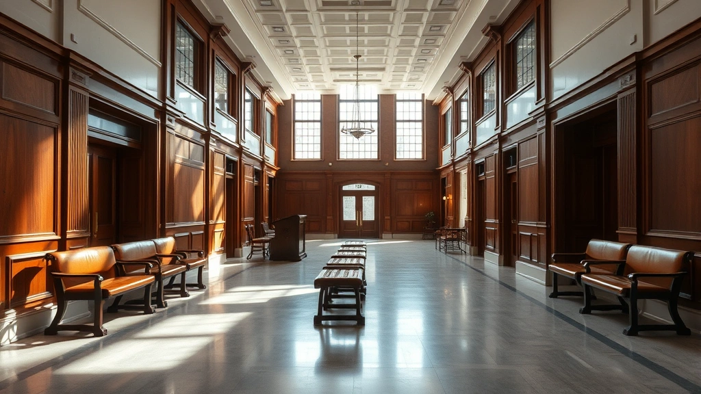 Courthouse interior hallway with bench seating, professional architecture, natural light from windows, empty and serious atmosphere, photorealistic legal setting