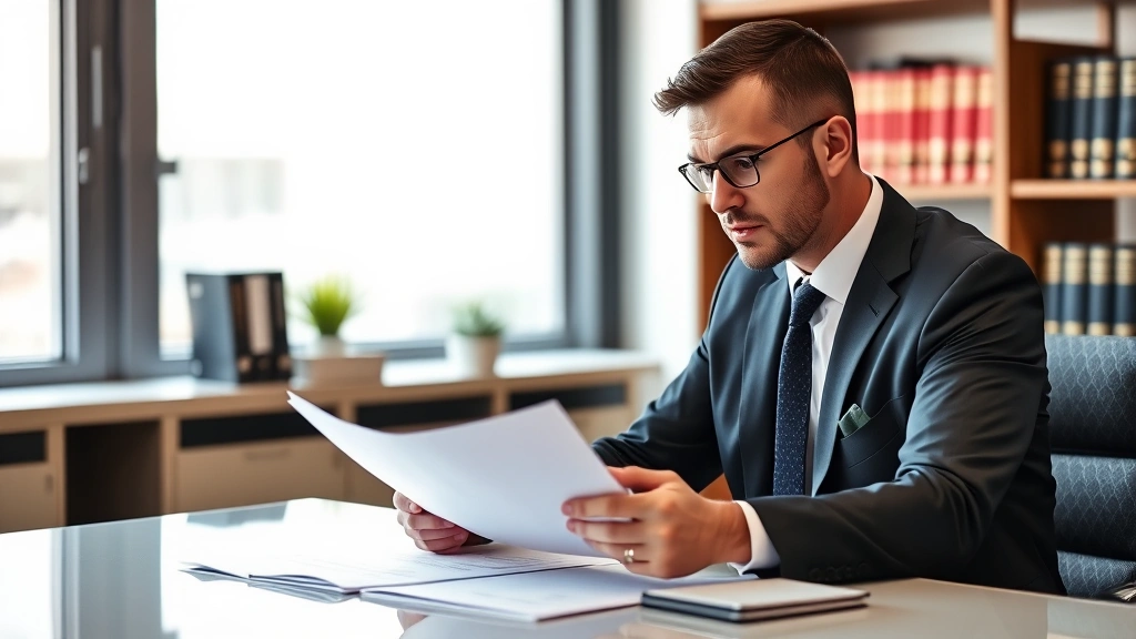 Professional attorney in business suit reviewing legal documents at modern desk with law books in background, focused expression, natural office lighting