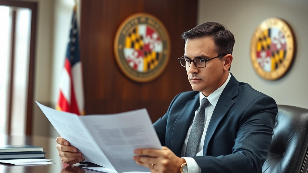 Professional attorney in business suit reviewing legal documents at mahogany desk with Maryland state seal visible in background, serious focused expression, natural office lighting