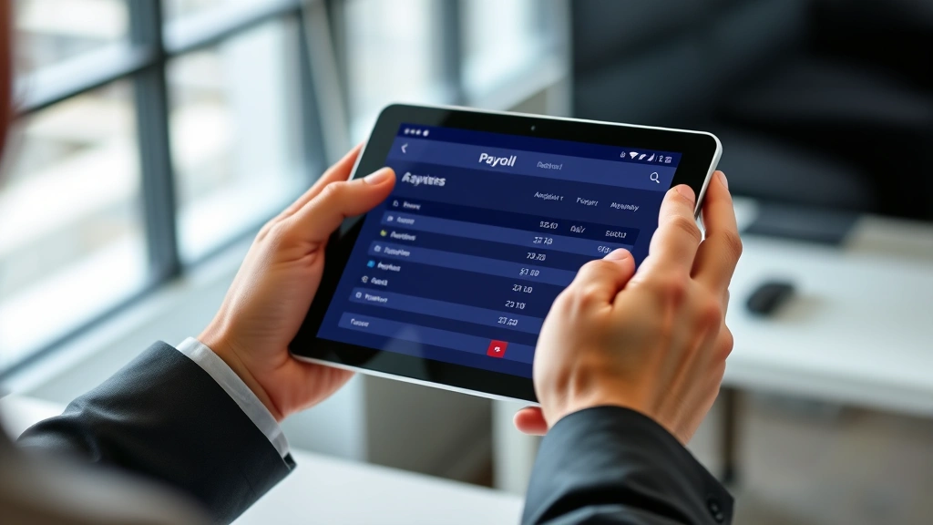 Close-up of hands holding digital tablet displaying payroll application interface, professional business casual setting, modern office environment with blurred desk background