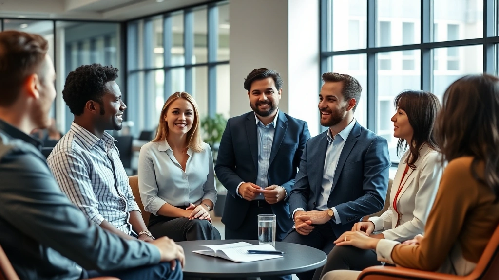 Diverse group of professional workers in casual business attire having discussion in modern office break room, confident engaged expressions, natural daylight through windows