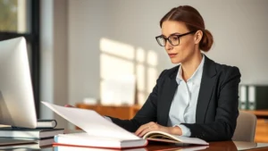 Professional female lawyer in business attire reviewing documents at desk with law books and computer, natural office lighting, focused expression, wearing glasses