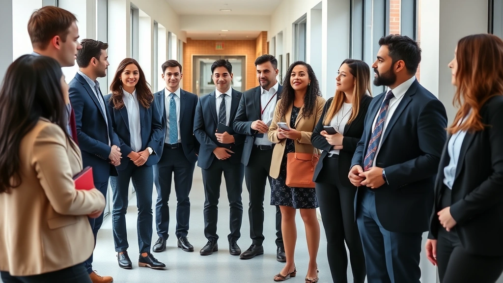 Diverse group of law students in professional attire having discussion in law school corridor or commons area, confident body language, collegial interaction, modern building interior, natural lighting
