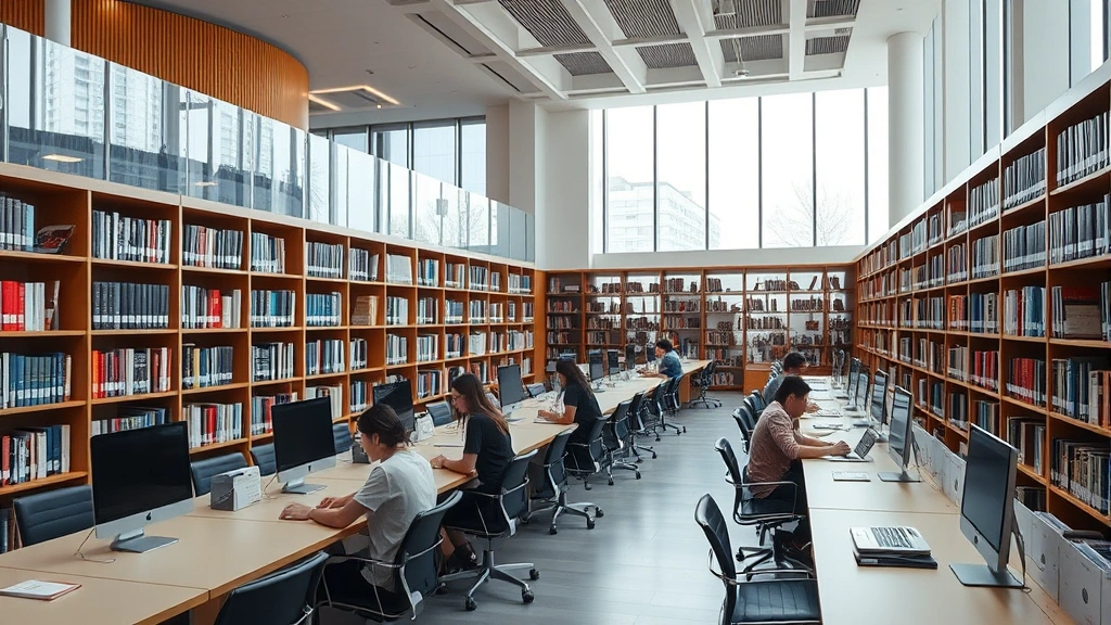 Modern law library interior with rows of books, study desks with computers, professional atmosphere, students studying individually, natural lighting from windows, contemporary legal education setting