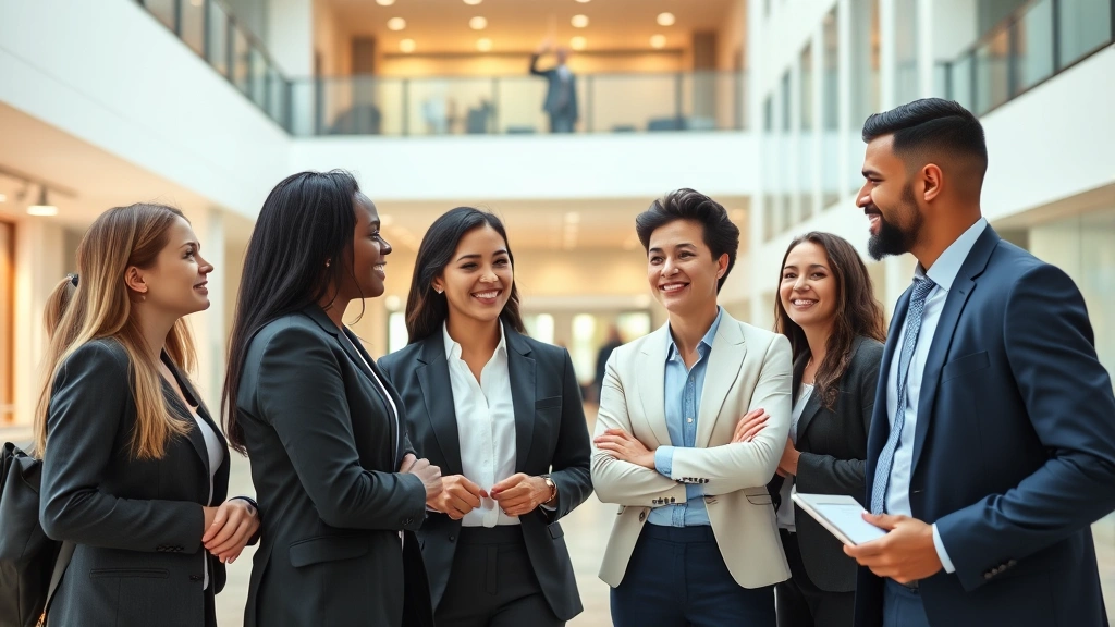 Diverse group of young attorneys in professional business attire having a networking conversation in a modern office lobby or legal building atrium, confident body language, contemporary professional environment