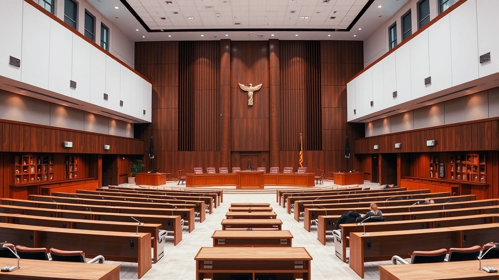 Modern courthouse interior with formal architectural details, empty benches and judicial spaces, professional atmosphere demonstrating contemporary legal proceedings and justice system infrastructure