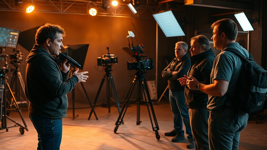 Film production set with director reviewing scene with cinematographer and crew, professional camera equipment and lighting rigs visible, creative collaboration in action, cinematic lighting