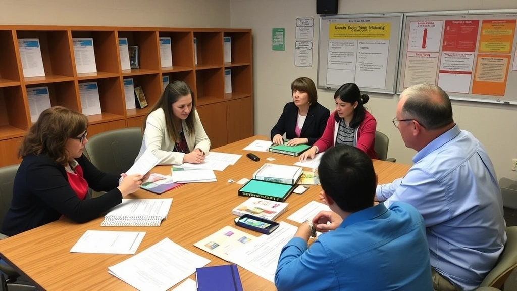 School administrators and educators collaborating around conference table reviewing curriculum documents and implementation plans with educational materials and resources