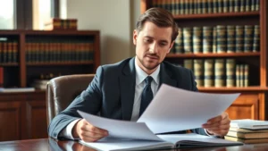Professional male attorney in business suit reviewing legal documents at mahogany desk with law books in background, natural lighting from office window, confident composed expression