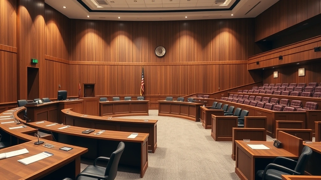 Appellate courtroom interior with curved judge's bench, wood paneling, multiple attorney tables with legal briefs, professional lighting, empty gallery seating, architectural perspective showing formal legal environment
