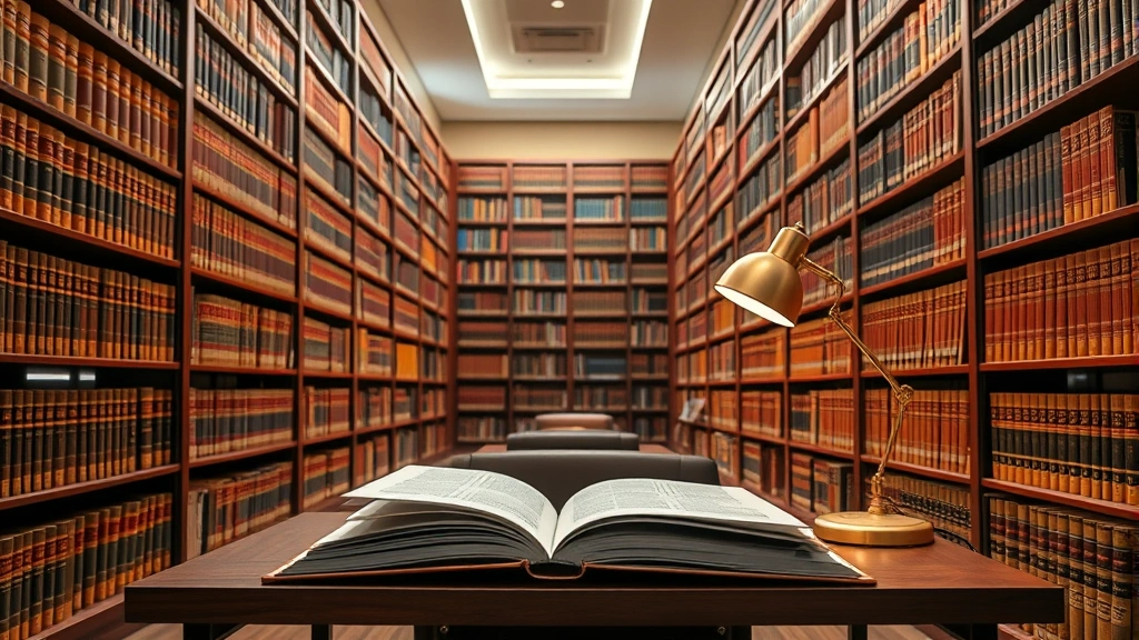 Law library with floor-to-ceiling bookshelves containing legal reporters and case volumes, modern reading table with open law books, brass desk lamp, warm professional lighting, no visible text on spines