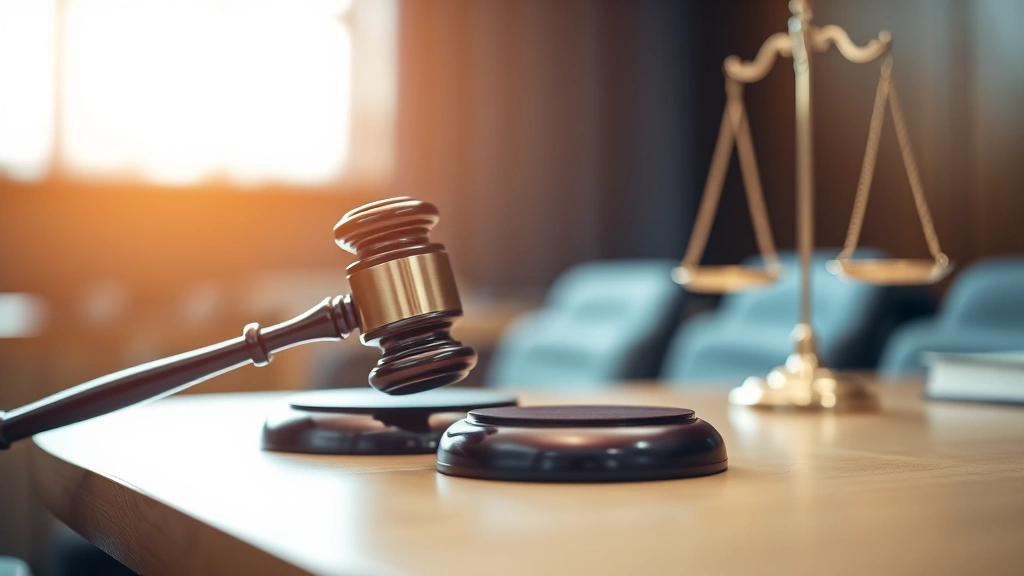 Judge's gavel on desk with scales of justice blurred in background, courtroom setting, professional legal environment, symbolic of balanced legal outcomes and proportional justice