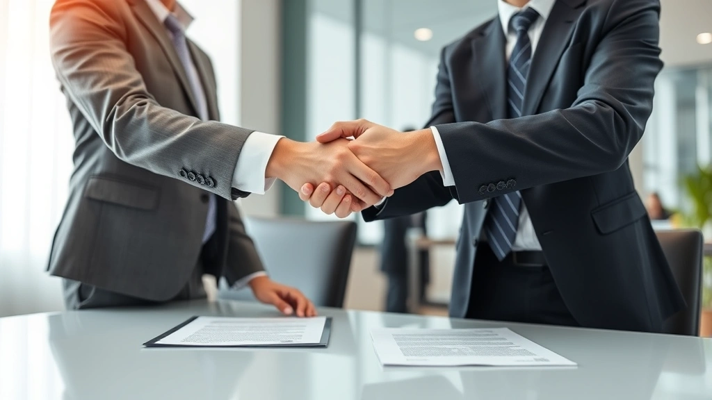 Business professionals shaking hands during contract signing, formal office setting with paperwork visible on table, representing reciprocal obligations and mutual agreements in legal contexts