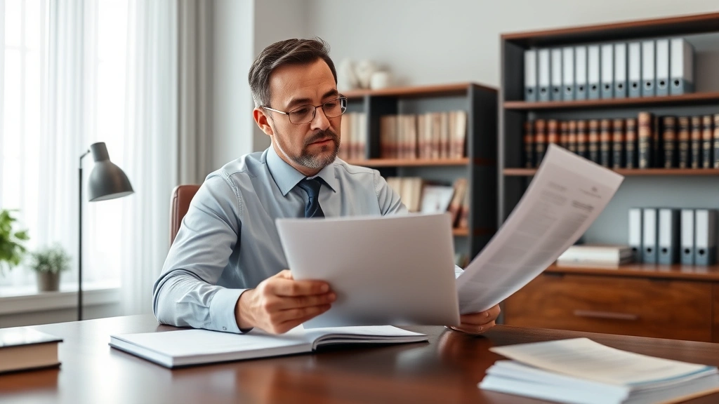Mid-career male family law attorney in dress shirt reviewing legal documents at wooden desk in contemporary law office, focused expression, professional setting with law books and modern technology visible