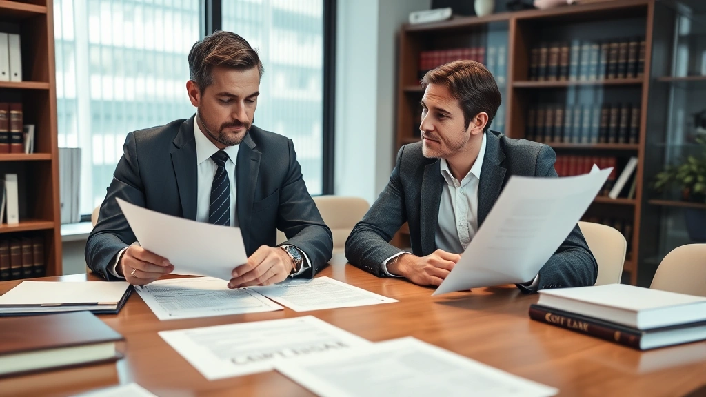 Male lawyer reviewing contract documents at conference table with client, both reviewing paperwork, professional office setting with law books visible, collaborative atmosphere
