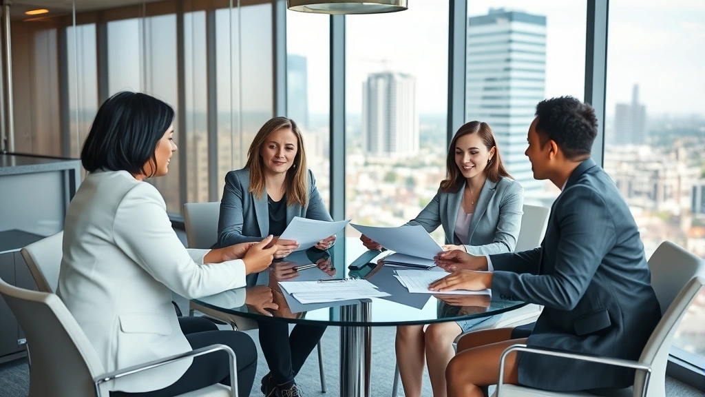 Diverse group of three family law professionals in modern Charlotte law firm conference room around glass table, discussing case files and strategy, professional attire, collaborative atmosphere with city views in background