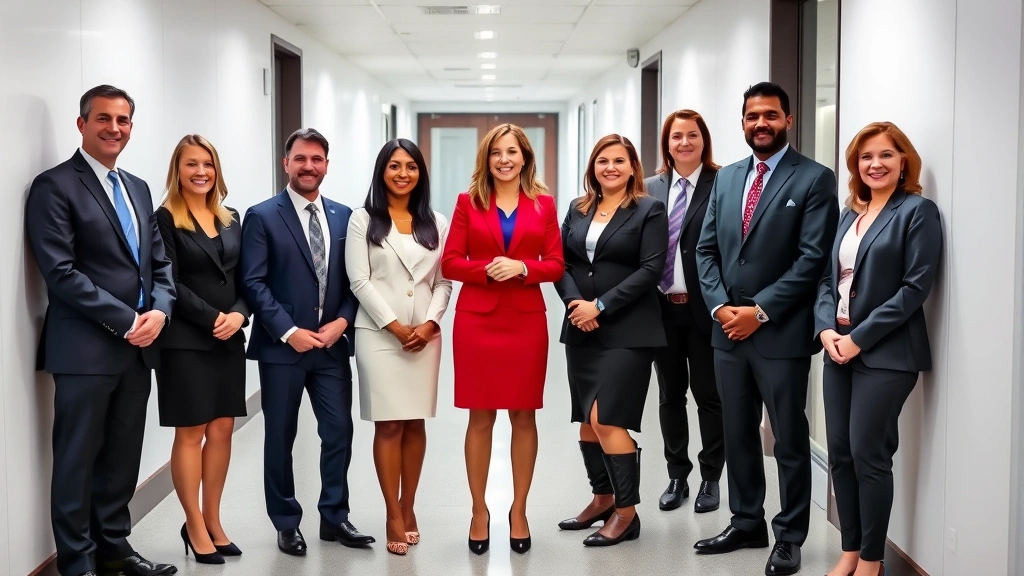 Diverse team of family law attorneys in professional attire standing in modern law office corridor, confident postures, representing Charlotte legal expertise and professionalism