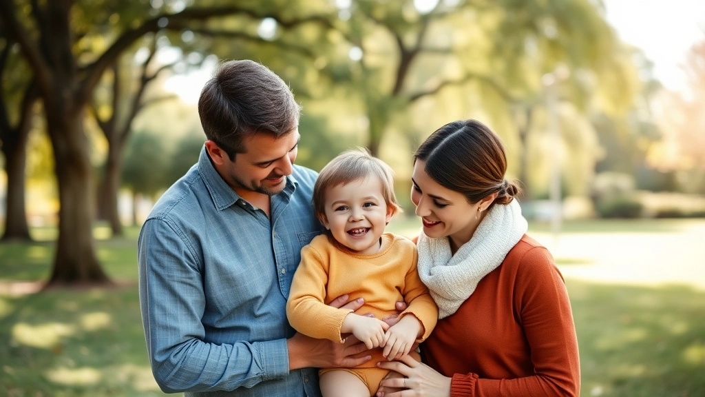 Two parents and child in calm park setting, both parents engaged with smiling child, warm natural lighting, peaceful family moment