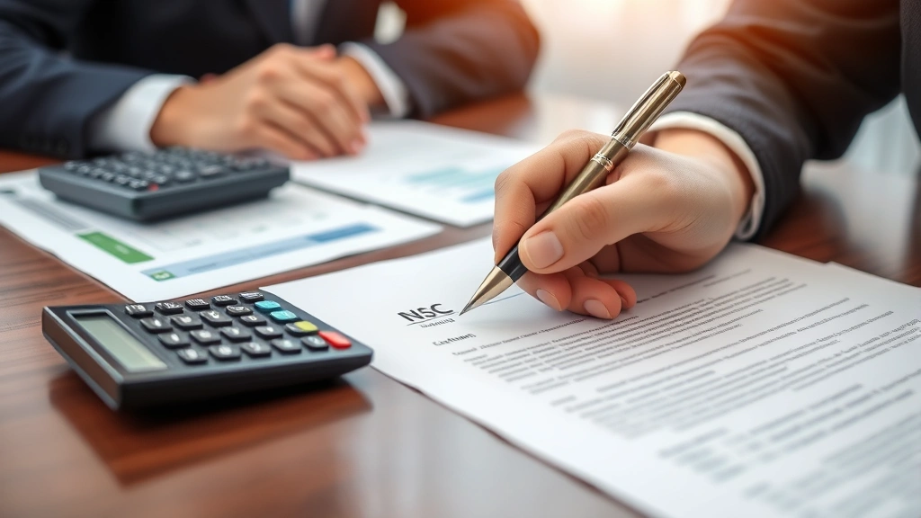 Close-up of hand signing legal document with pen, formal desk with calculator and financial papers visible, professional business setting