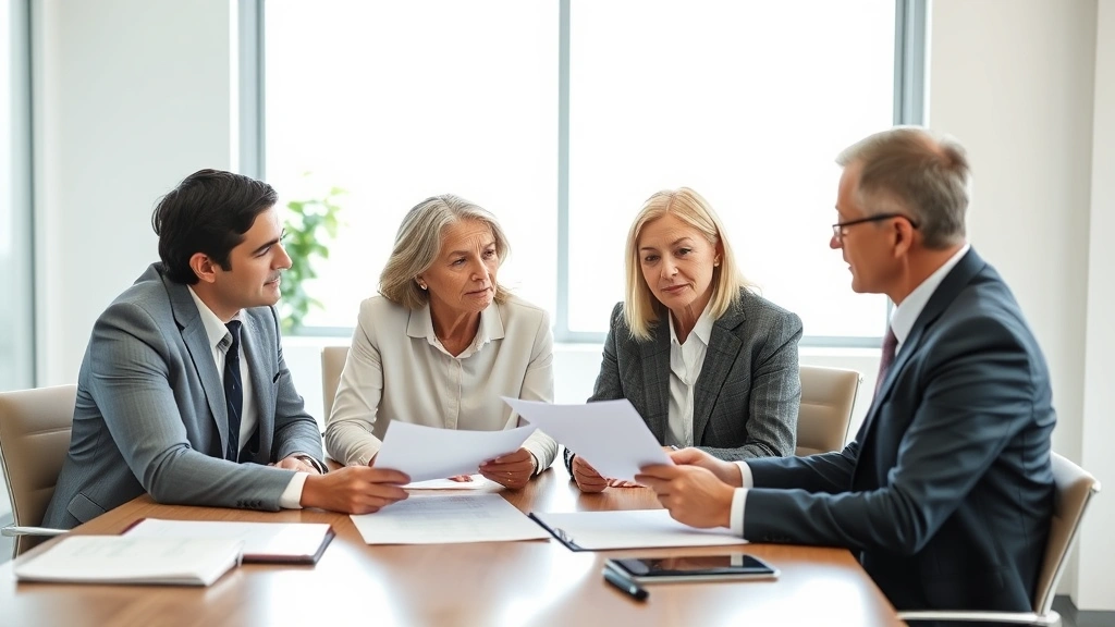 Mature couple reviewing documents with attorney in modern law office, sitting at conference table, natural window light, all parties appearing engaged and serious