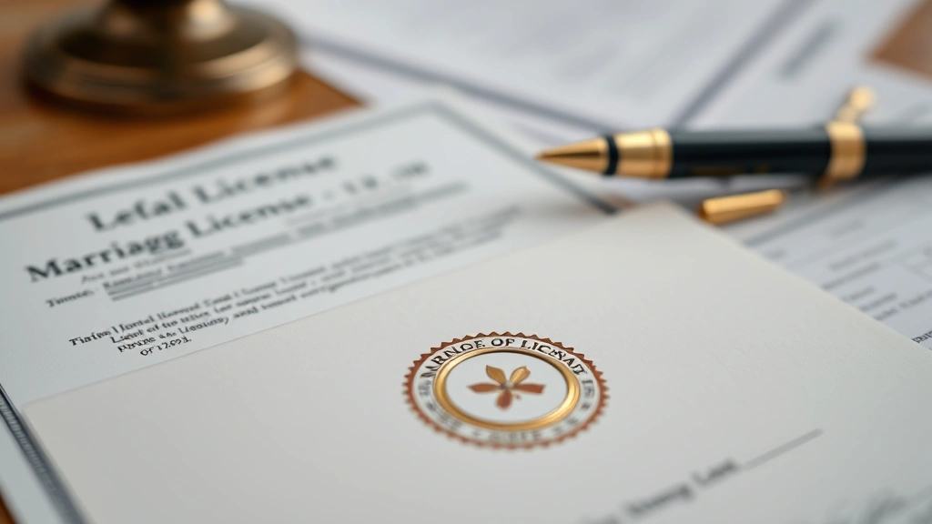 Close-up of signed legal documents with official seal, marriage license, and legal paperwork arranged on desk, professional photography, shallow depth of field