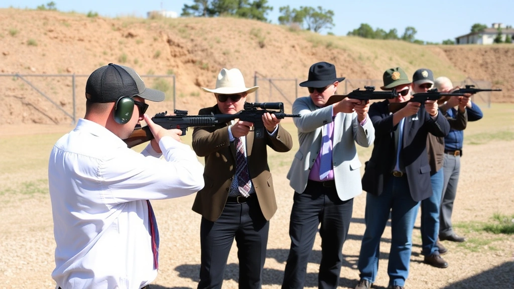 Diverse group of law-abiding citizens at outdoor shooting range practicing firearm safety and marksmanship, professional attire, clear daylight, emphasizing responsible gun ownership